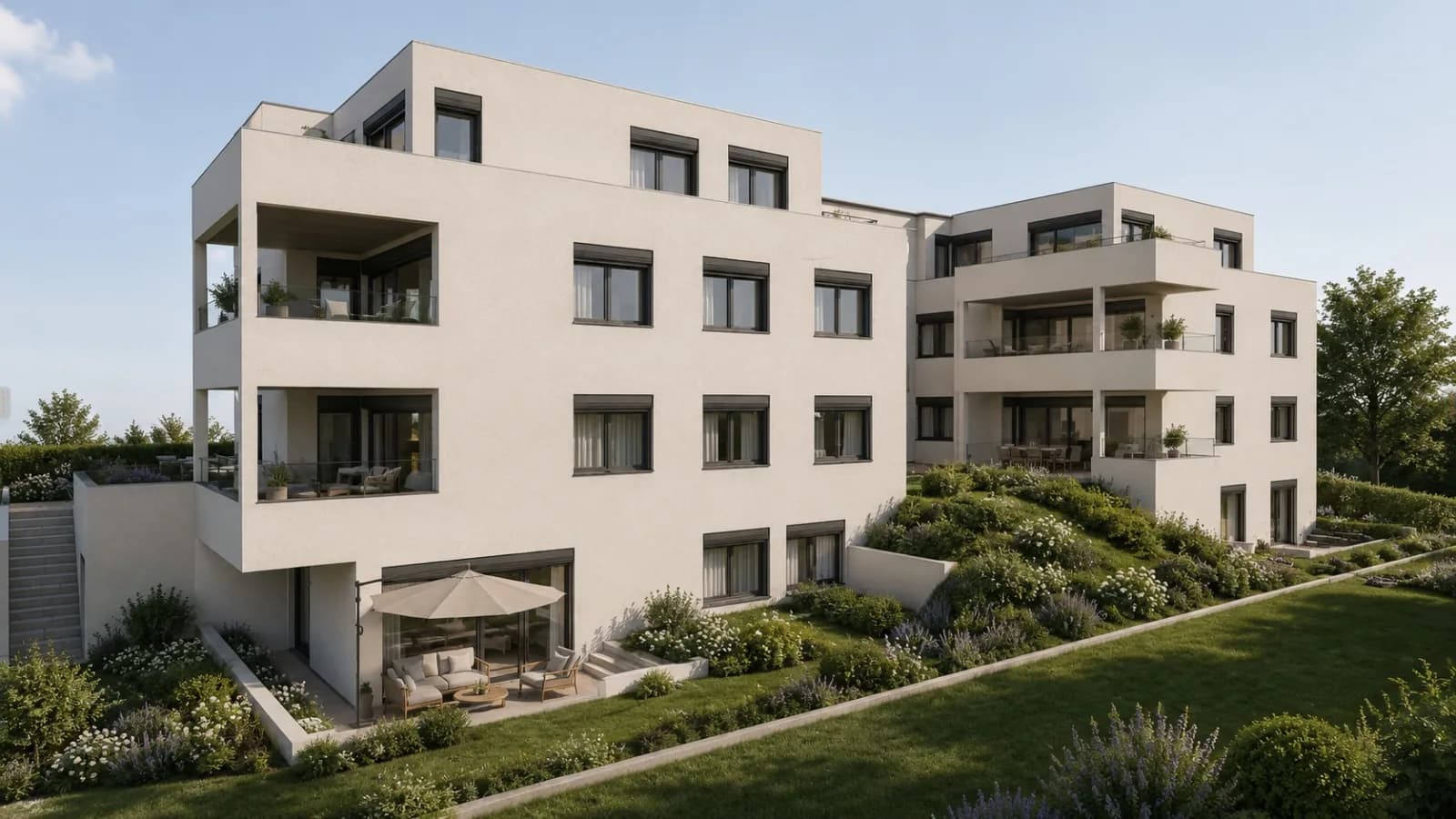 Gartenseite der beiden Mehrfamilienhäuser an der Kaiserstuhlstrasse